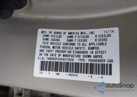 2015 Honda Accord Sport из США, поврежденный, VIN 1HGCR2F50FA073908